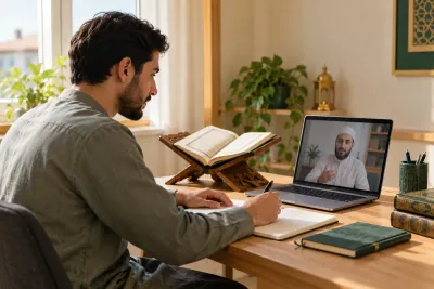 An adult Muslim man revising a short Quran passage during a calm one-to-one video lesson in a calm home study with Quran learning materials
