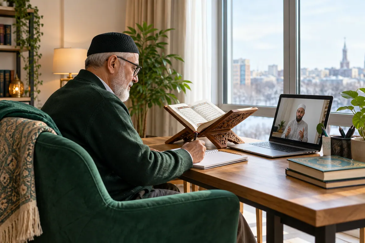 An older adult learner in glasses studying a Quran reading lesson on a large tablet in a calm home study with Quran learning materials