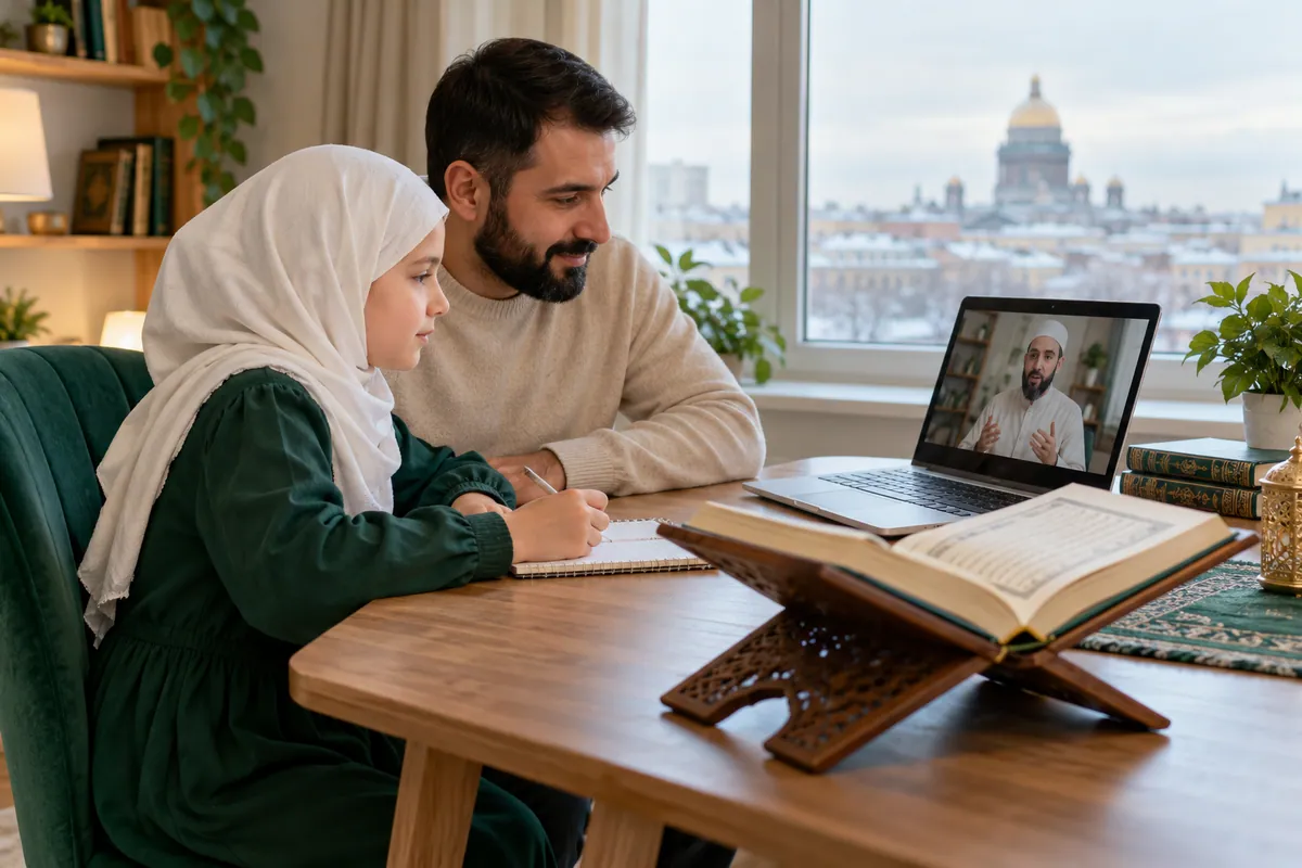 A father and daughter calmly reviewing their online Quran lesson at a small study table in a calm home study with Quran learning materials