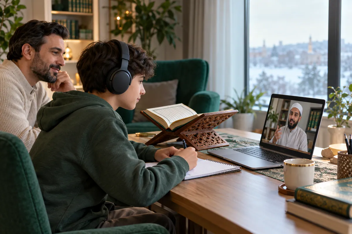 A teenage boy wearing headphones, with a parent nearby, following a teacher on a laptop in a calm home study with Quran learning materials