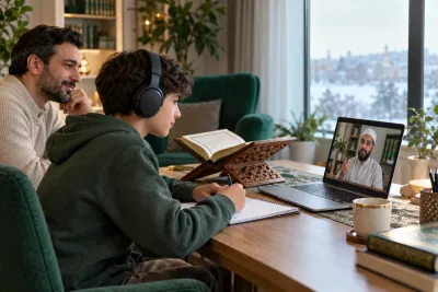 A teenage boy wearing headphones, with a parent nearby, following a teacher on a laptop in a calm home study with Quran learning materials