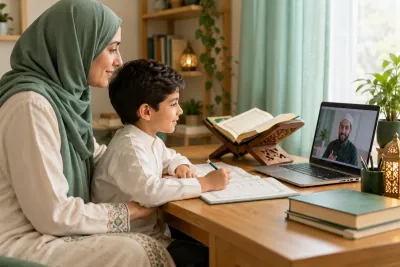 A mother and her 8-year-old son preparing an Arabic beginner workbook for a live Quran lesson in a calm home study with Quran learning materials