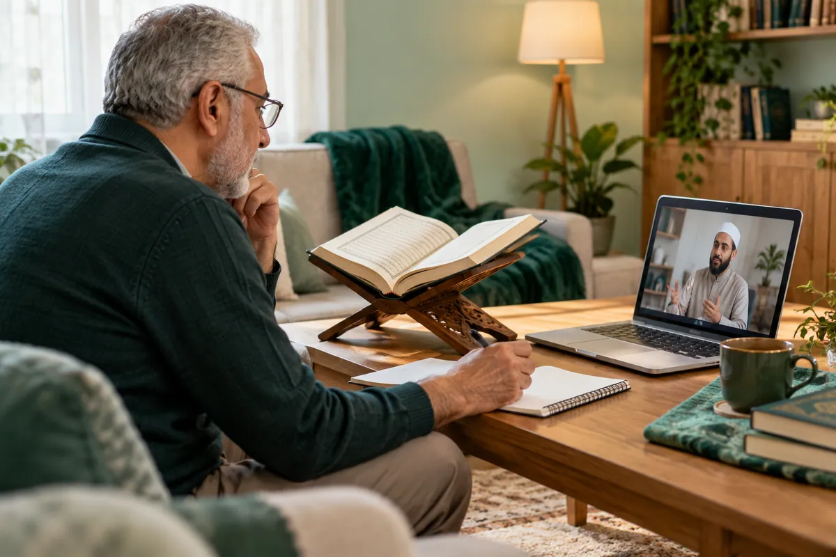 An older adult learner in glasses studying a Quran reading lesson on a large tablet in a calm home study with Quran learning materials