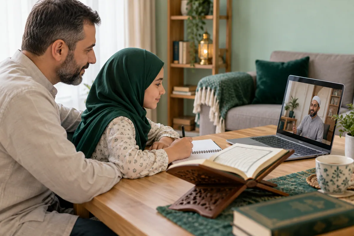 A father and daughter calmly reviewing their online Quran lesson at a small study table in a calm home study with Quran learning materials