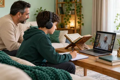 A teenage boy wearing headphones, with a parent nearby, following a teacher on a laptop in a calm home study with Quran learning materials