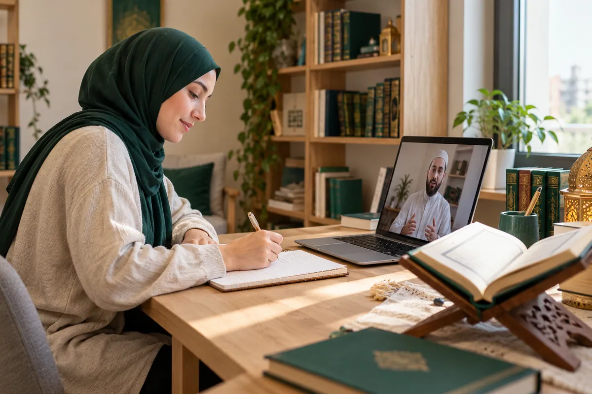 A young adult learner in modest clothes taking Arabic vocabulary notes beside a laptop in a calm home study with Quran learning materials