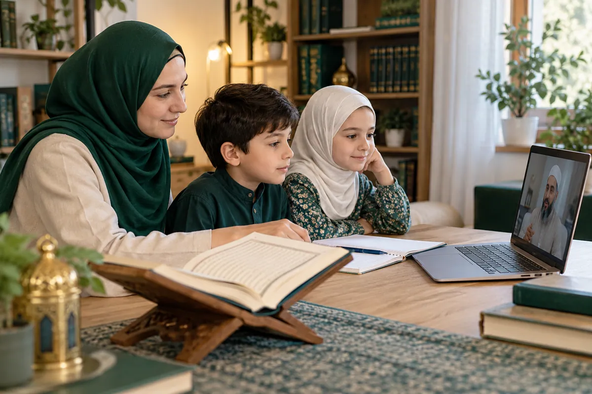 A mother and two school-age siblings sharing a short Quran practice routine before separate online lessons in a calm home study with Quran learning materials