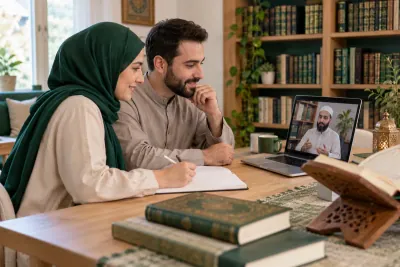 A Muslim couple comparing a practice notebook with an online teacher during a family learning conversation in a calm home study with Quran learning materials