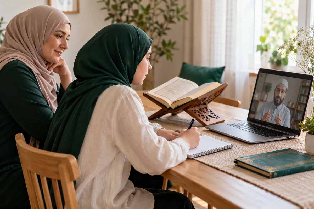 A parent sitting nearby while a teenage girl follows an online Tajweed lesson in a calm home study with Quran learning materials