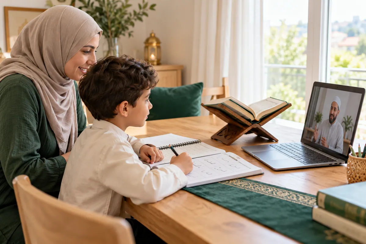 A mother and her 8-year-old son preparing an Arabic beginner workbook for a live Quran lesson in a calm home study with Quran learning materials