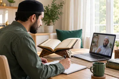 An adult Muslim man revising a short Quran passage during a calm one-to-one video lesson in a calm home study with Quran learning materials