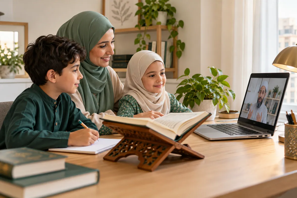 A mother and two school-age siblings sharing a short Quran practice routine before separate online lessons in a calm home study with Quran learning materials