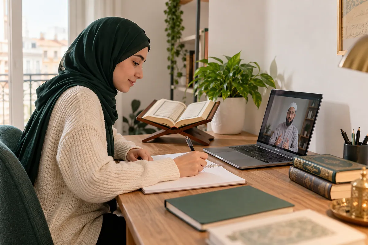 A young adult learner in modest clothes taking Arabic vocabulary notes beside a laptop in a calm home study with Quran learning materials
