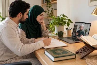 A Muslim couple comparing a practice notebook with an online teacher during a family learning conversation in a calm home study with Quran learning materials