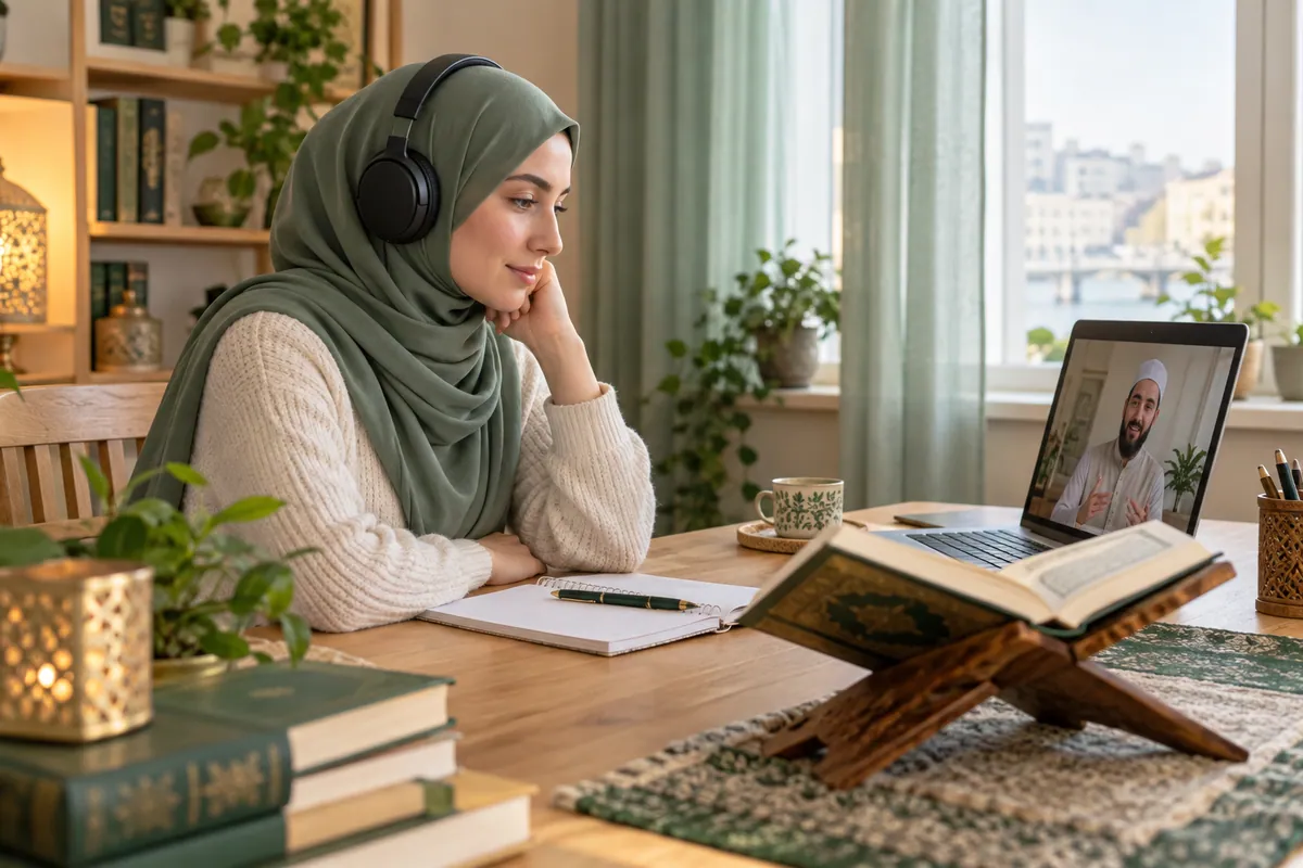 An adult woman in a sage hijab listening carefully to a Quran recitation lesson through headphones in a calm home study with Quran learning materials