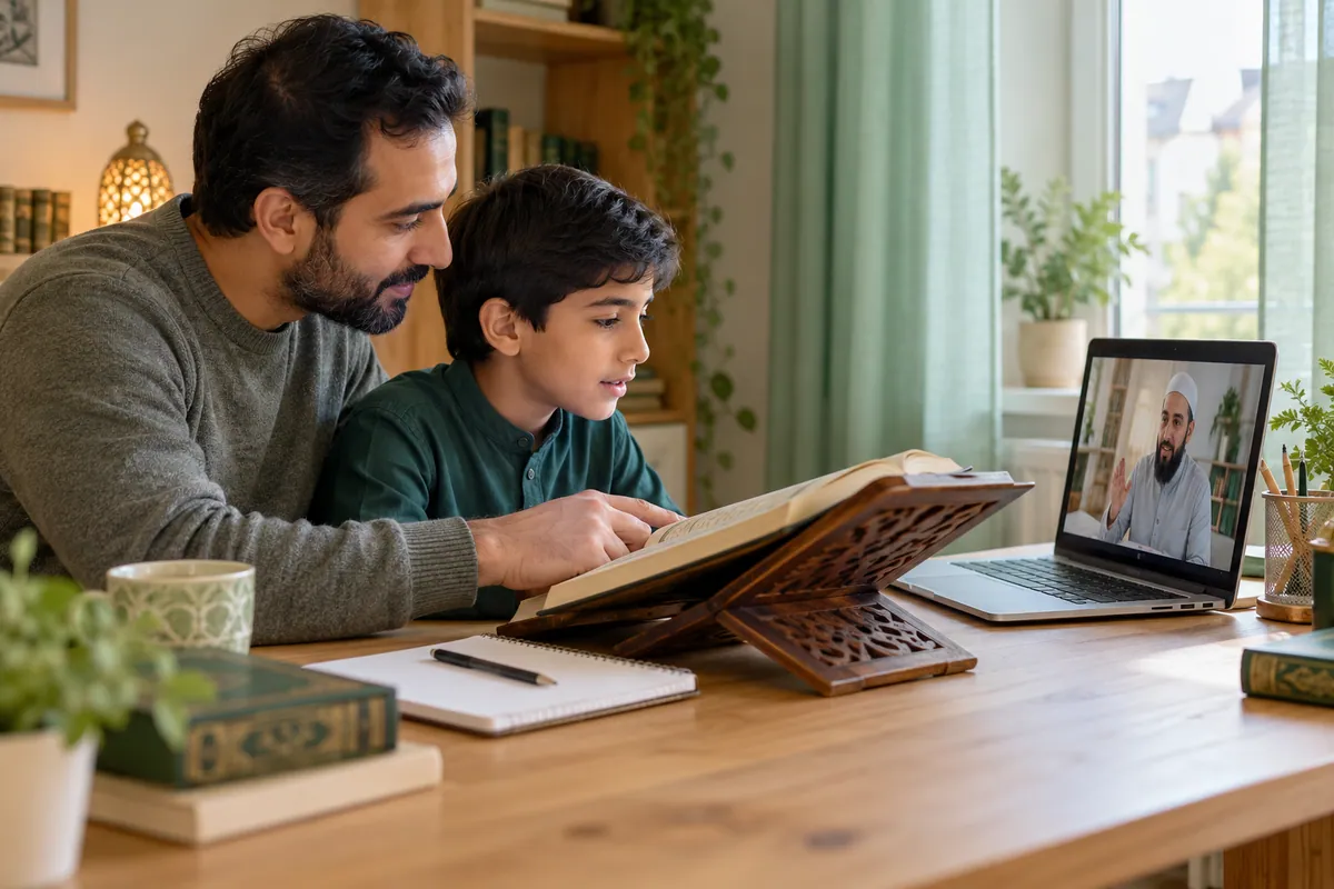 A father in modest casual clothes helping his 10-year-old son practise Quran reading with an online tutor in a calm home study with Quran learning materials