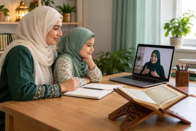 A mother in an ivory hijab and her young daughter, both attentive to a female teacher on a laptop in a calm home study with Quran learning materials