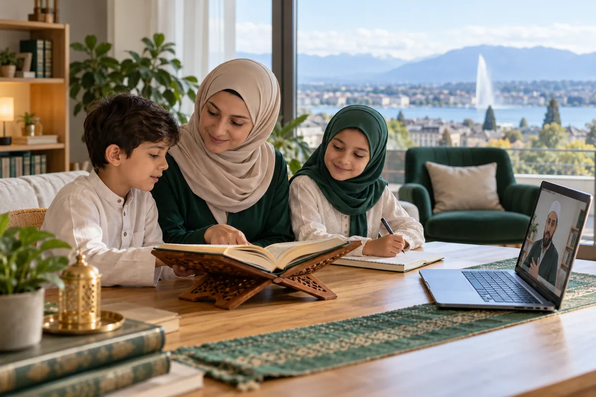 A mother and two school-age siblings sharing a short Quran practice routine before separate online lessons in a calm home study with Quran learning materials