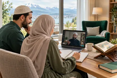 A Muslim couple comparing a practice notebook with an online teacher during a family learning conversation in a calm home study with Quran learning materials