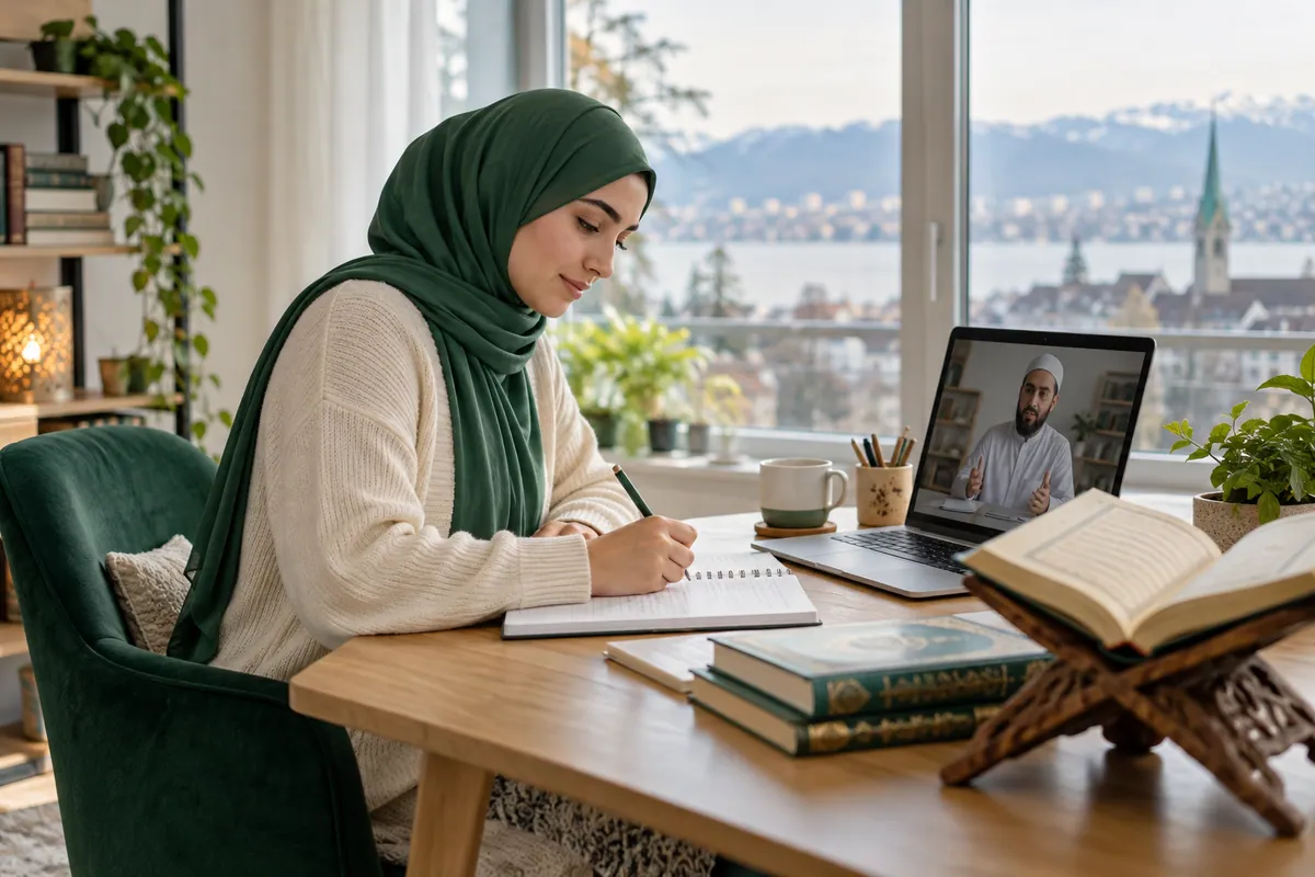 A young adult learner in modest clothes taking Arabic vocabulary notes beside a laptop in a calm home study with Quran learning materials