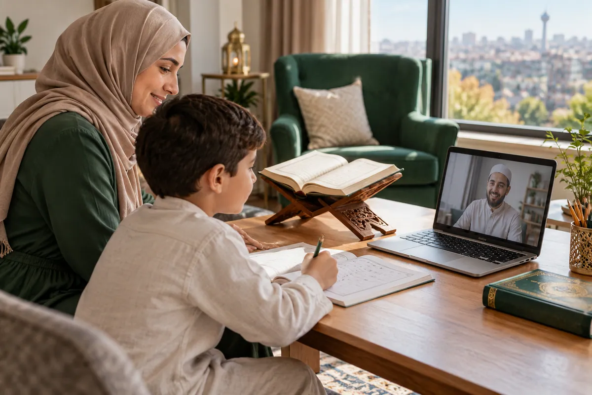 A mother and her 8-year-old son preparing an Arabic beginner workbook for a live Quran lesson in a calm home study with Quran learning materials