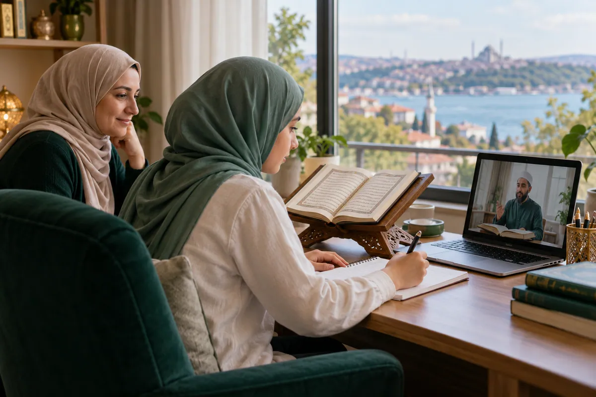 A parent sitting nearby while a teenage girl follows an online Tajweed lesson in a calm home study with Quran learning materials