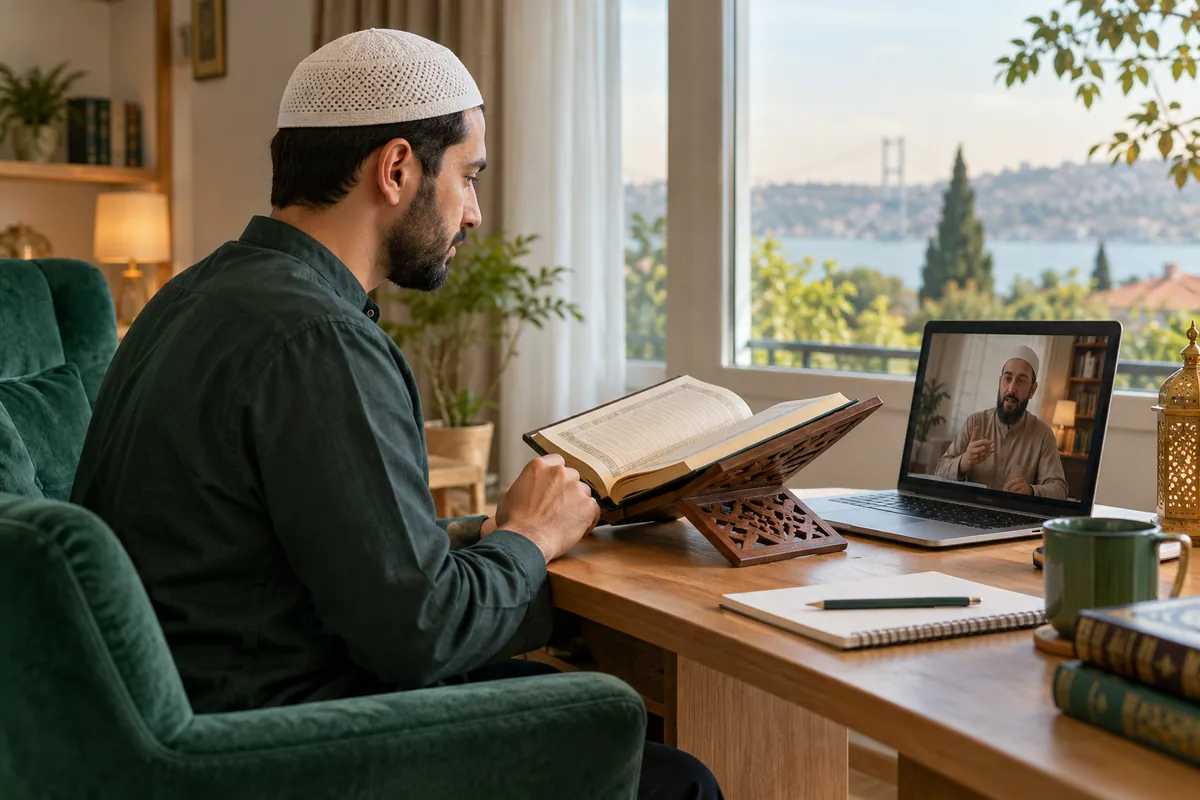 An adult Muslim man revising a short Quran passage during a calm one-to-one video lesson in a calm home study with Quran learning materials