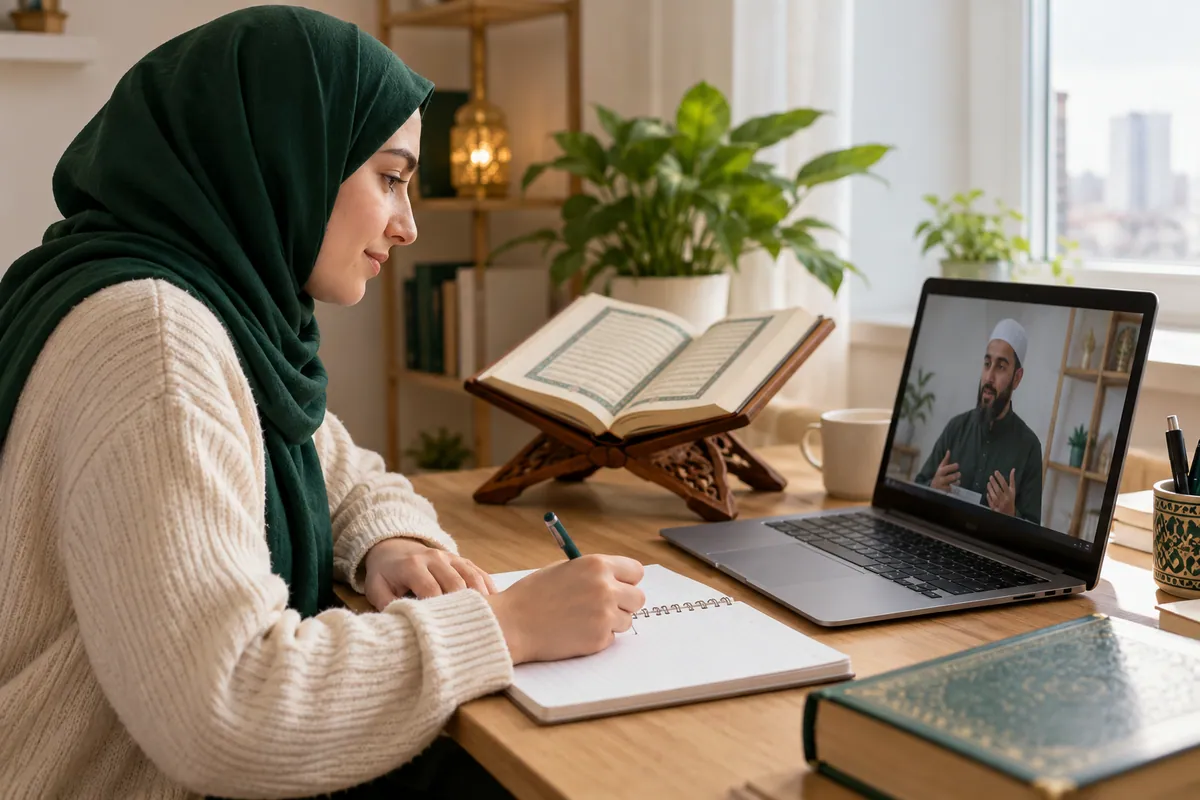 A young adult learner in modest clothes taking Arabic vocabulary notes beside a laptop in a calm home study with Quran learning materials