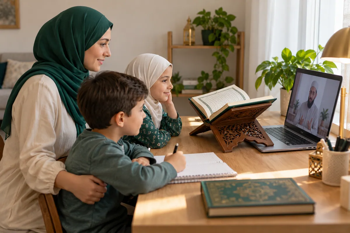 A mother and two school-age siblings sharing a short Quran practice routine before separate online lessons in a calm home study with Quran learning materials