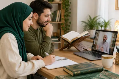 A Muslim couple comparing a practice notebook with an online teacher during a family learning conversation in a calm home study with Quran learning materials