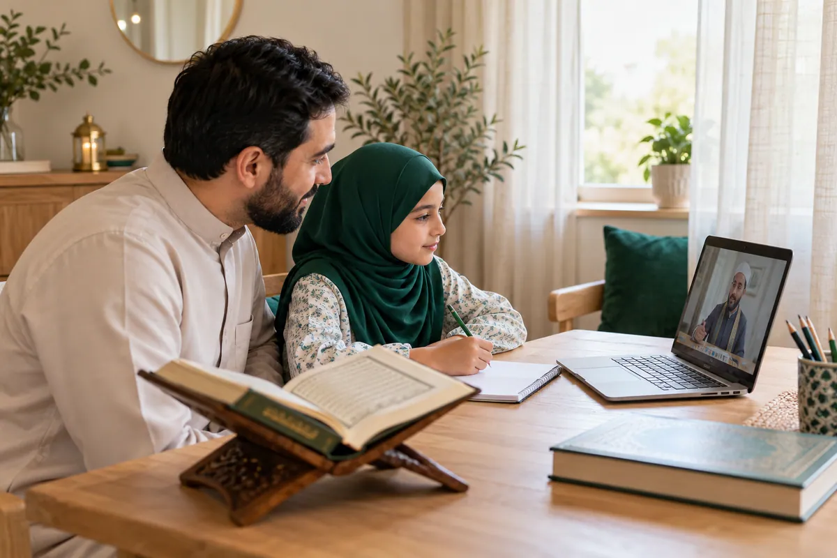 A father and daughter calmly reviewing their online Quran lesson at a small study table in a calm home study with Quran learning materials