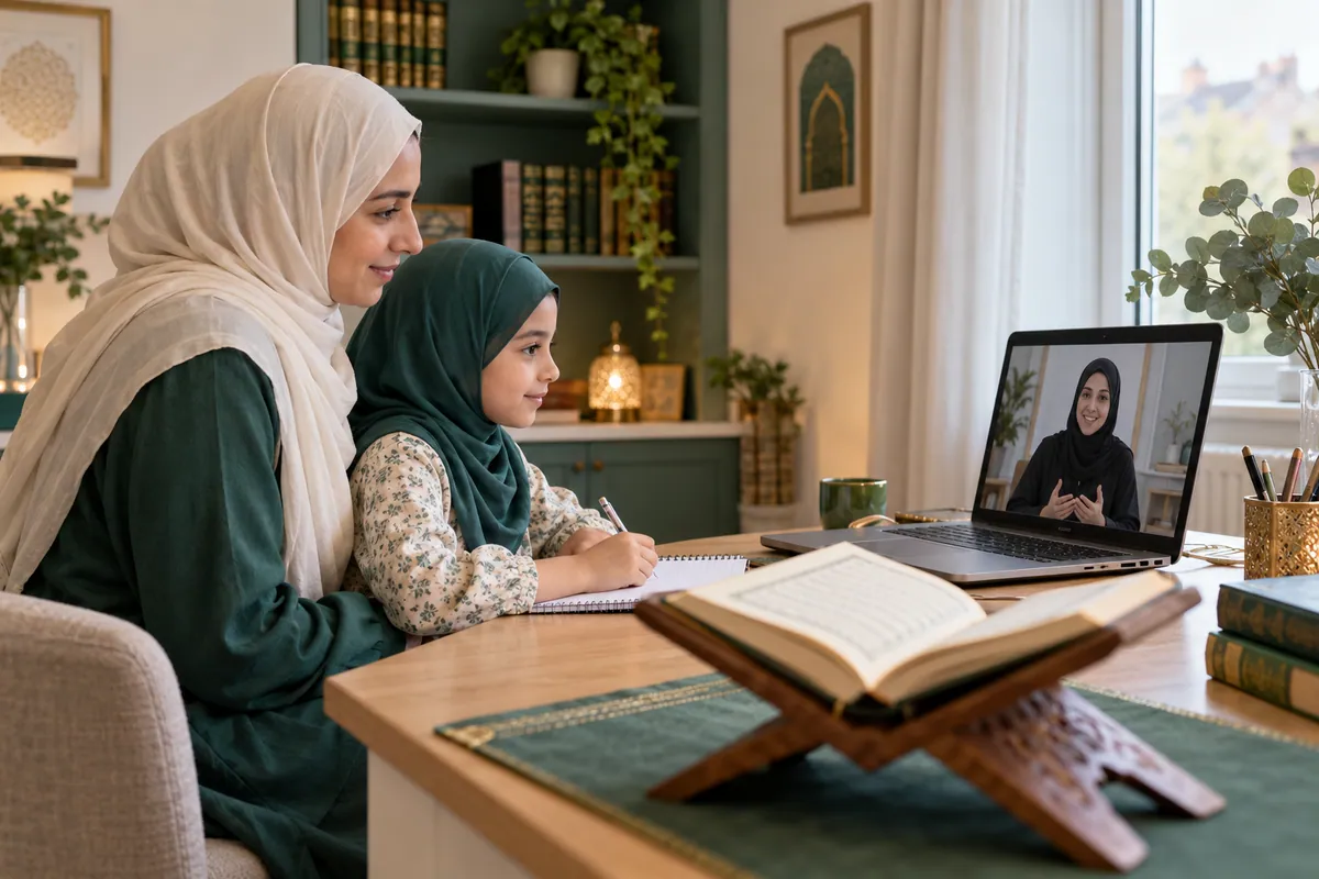 A mother in an ivory hijab and her young daughter, both attentive to a female teacher on a laptop in a calm home study with Quran learning materials