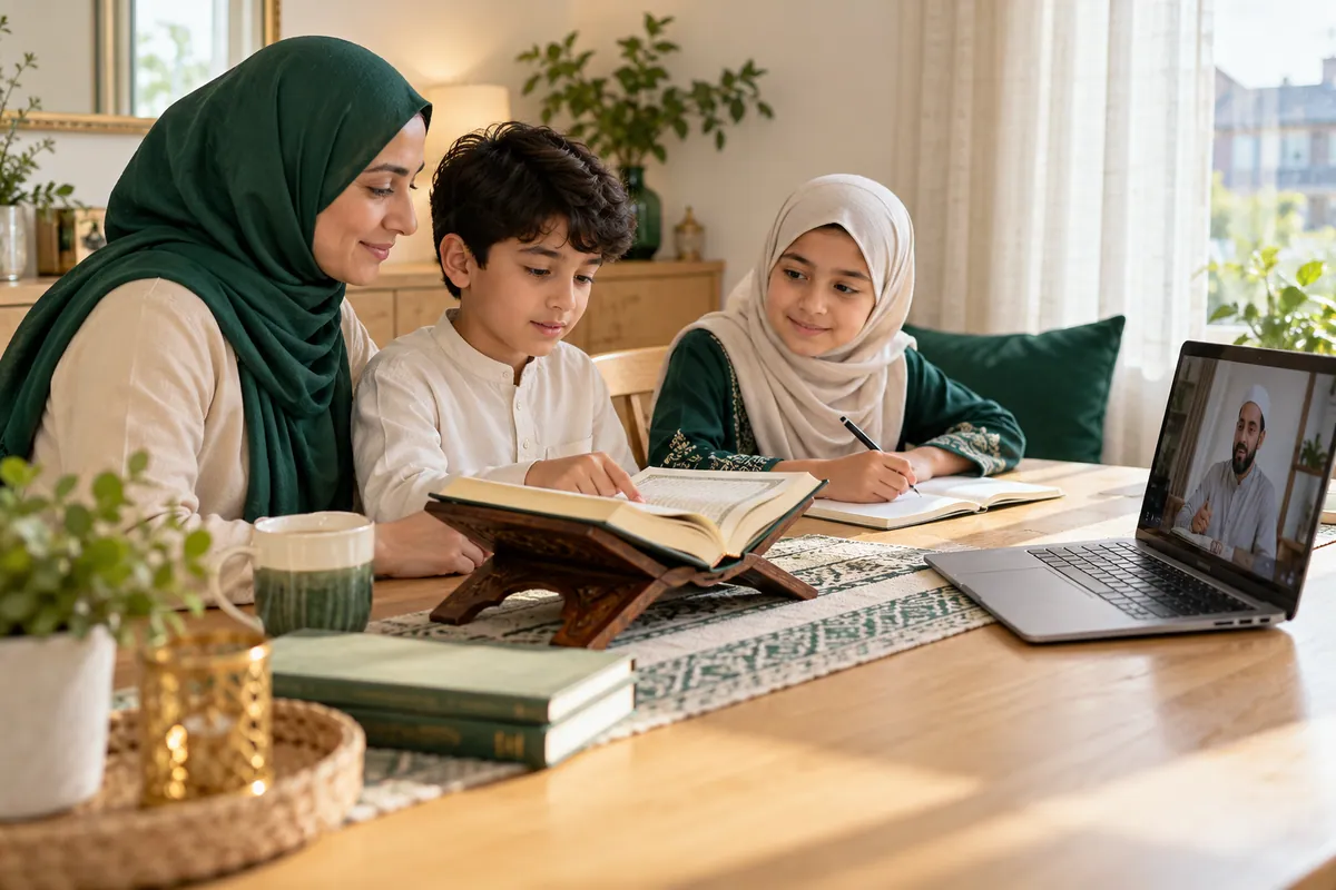 A mother and two school-age siblings sharing a short Quran practice routine before separate online lessons in a calm home study with Quran learning materials