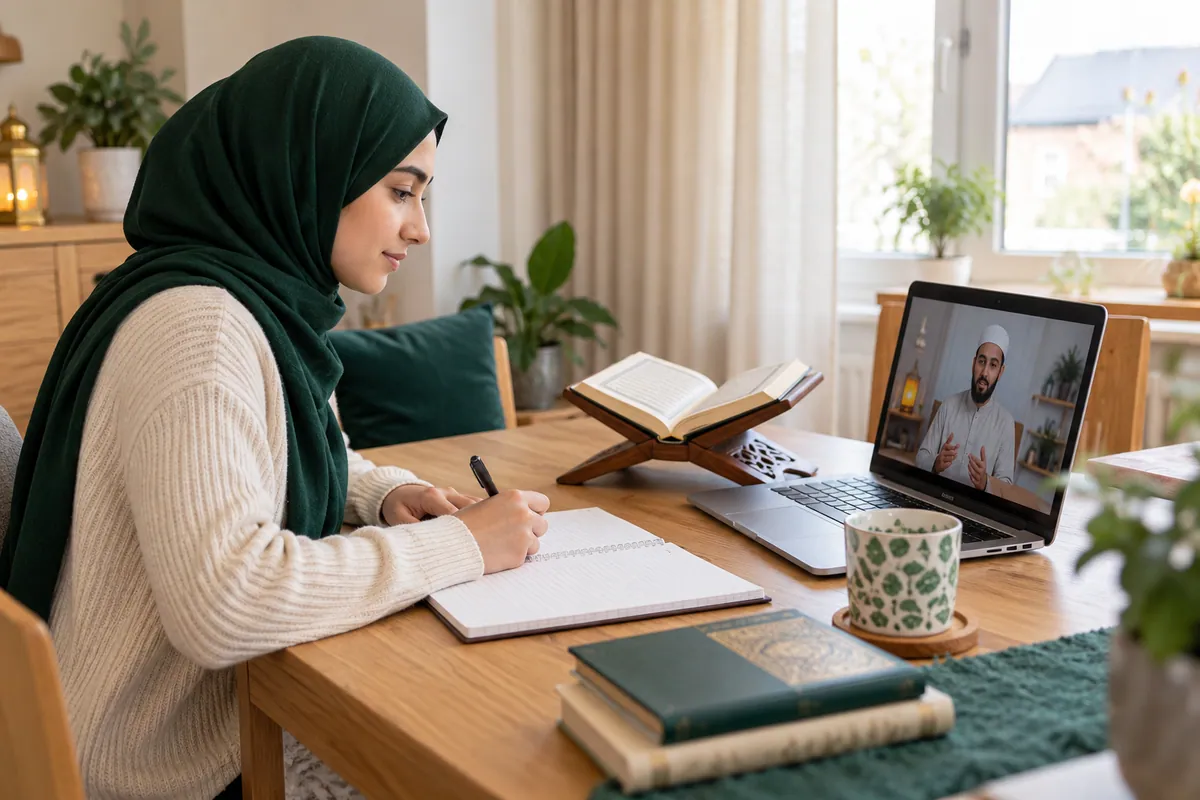 A young adult learner in modest clothes taking Arabic vocabulary notes beside a laptop in a calm home study with Quran learning materials