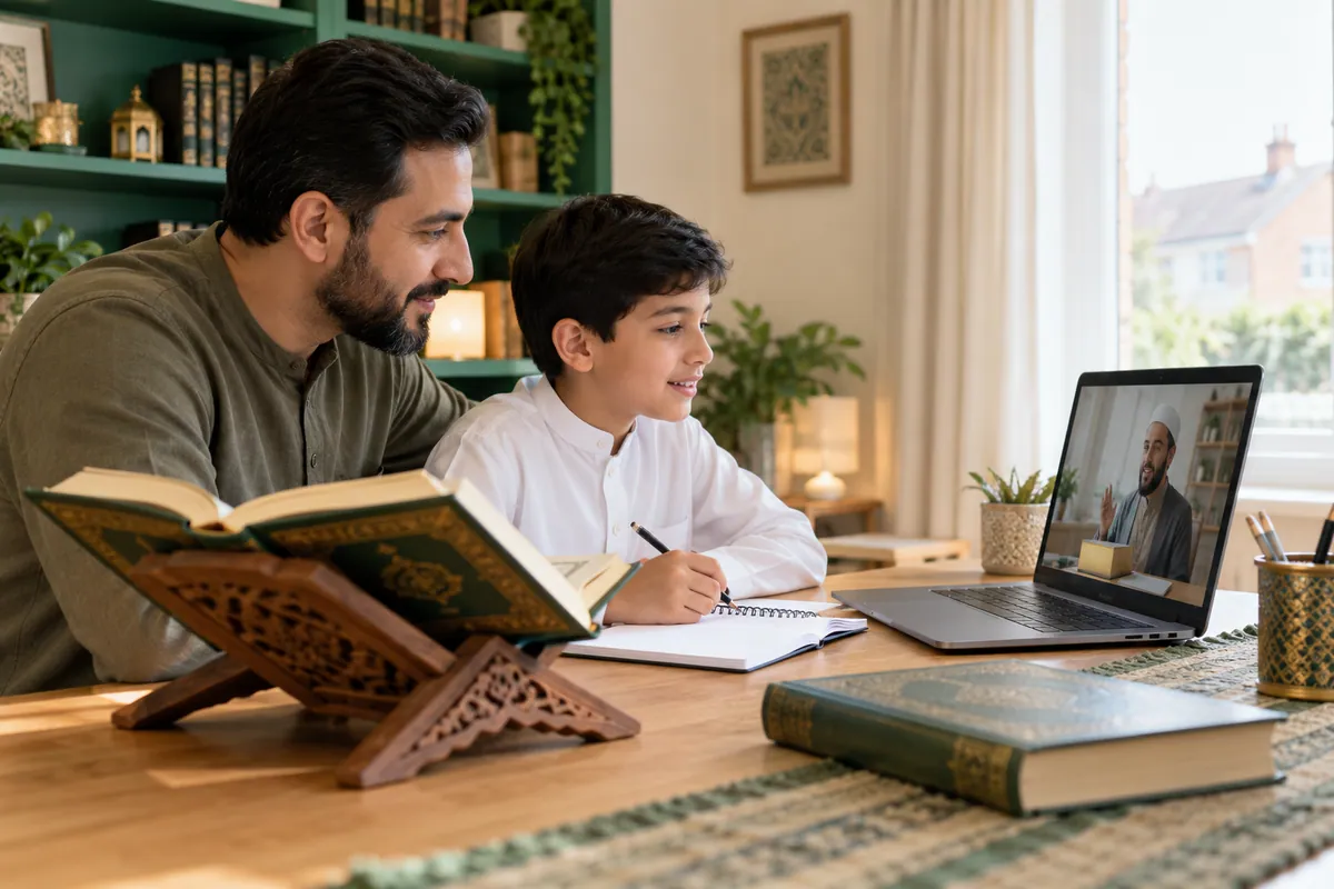 A father in modest casual clothes helping his 10-year-old son practise Quran reading with an online tutor in a calm home study with Quran learning materials