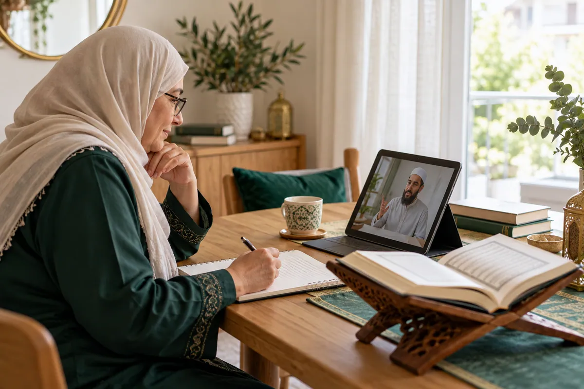 An older adult learner in glasses studying a Quran reading lesson on a large tablet in a calm home study with Quran learning materials