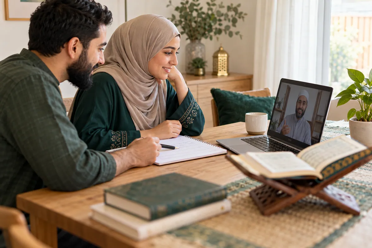A Muslim couple comparing a practice notebook with an online teacher during a family learning conversation in a calm home study with Quran learning materials