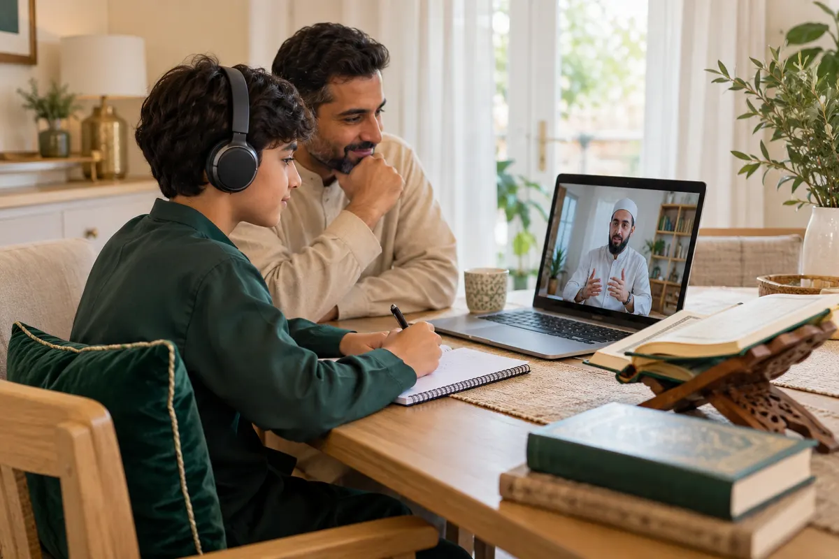 A teenage boy wearing headphones, with a parent nearby, following a teacher on a laptop in a calm home study with Quran learning materials