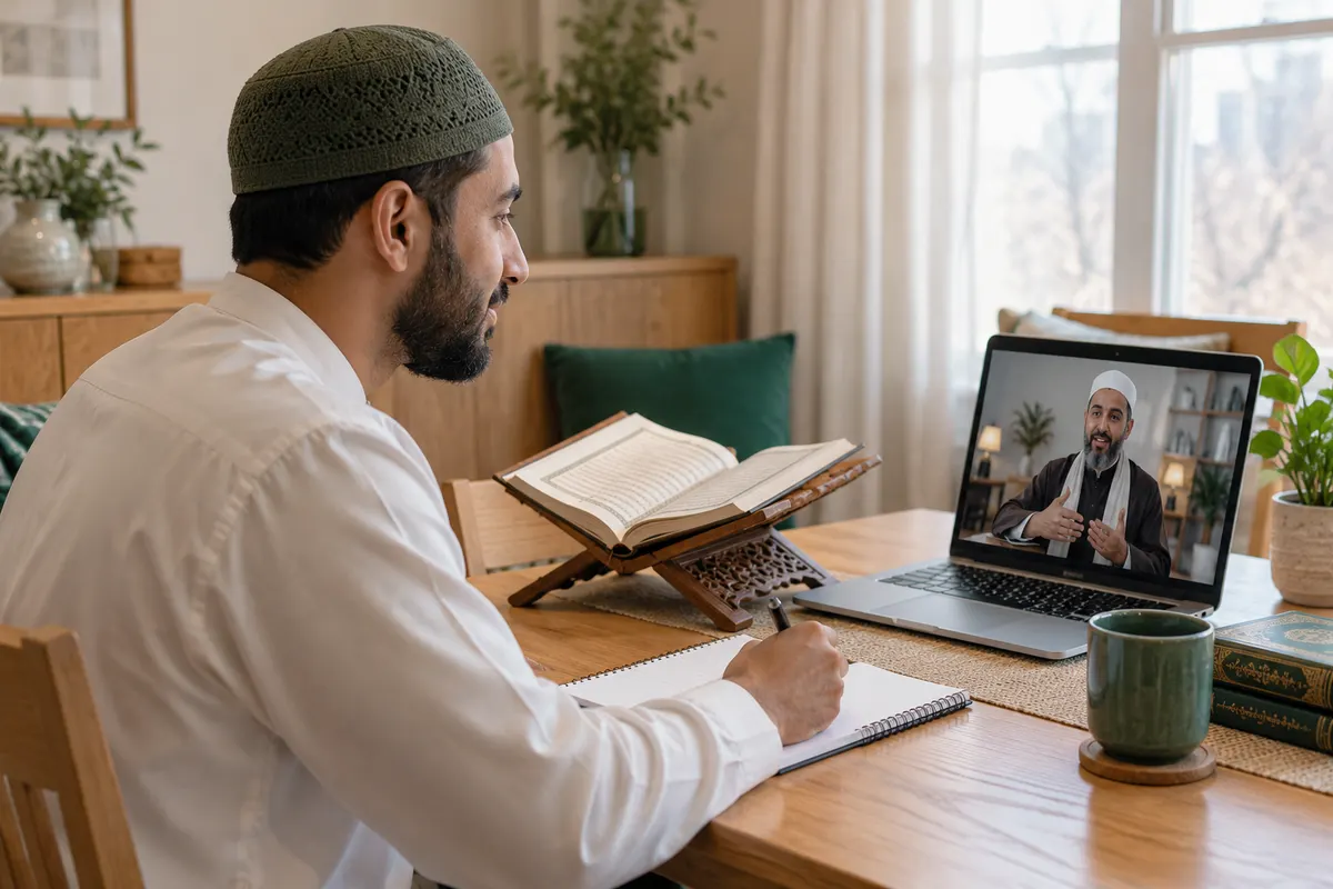 An adult Muslim man revising a short Quran passage during a calm one-to-one video lesson in a calm home study with Quran learning materials