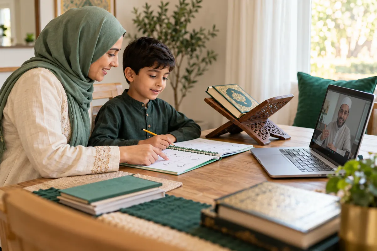 A mother and her 8-year-old son preparing an Arabic beginner workbook for a live Quran lesson in a calm home study with Quran learning materials