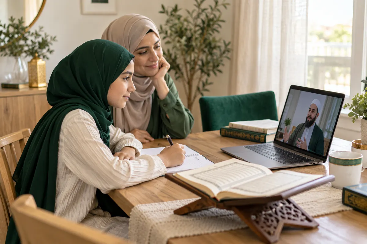 A parent sitting nearby while a teenage girl follows an online Tajweed lesson in a calm home study with Quran learning materials