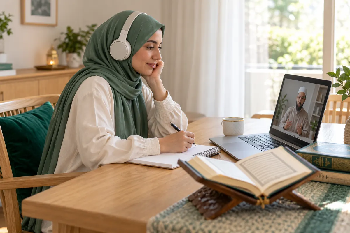An adult woman in a sage hijab listening carefully to a Quran recitation lesson through headphones in a calm home study with Quran learning materials