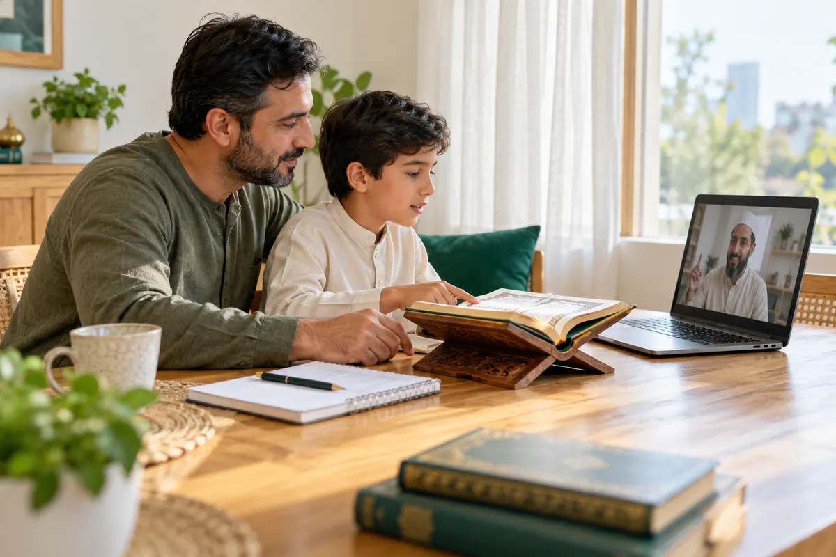 A father in modest casual clothes helping his 10-year-old son practise Quran reading with an online tutor in a calm home study with Quran learning materials