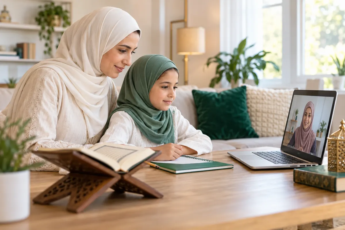A mother in an ivory hijab and her young daughter, both attentive to a female teacher on a laptop in a calm home study with Quran learning materials