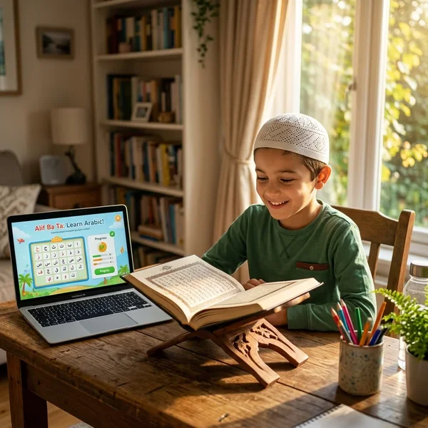Young Muslim student learning Quran online at home